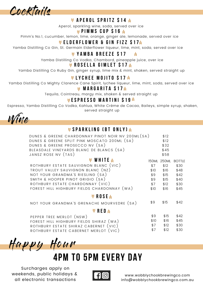 Menu, Wobbly Chook Brewing Co