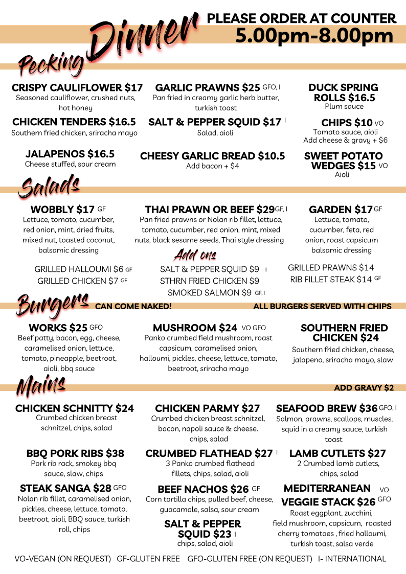 Menu, Wobbly Chook Brewing Co