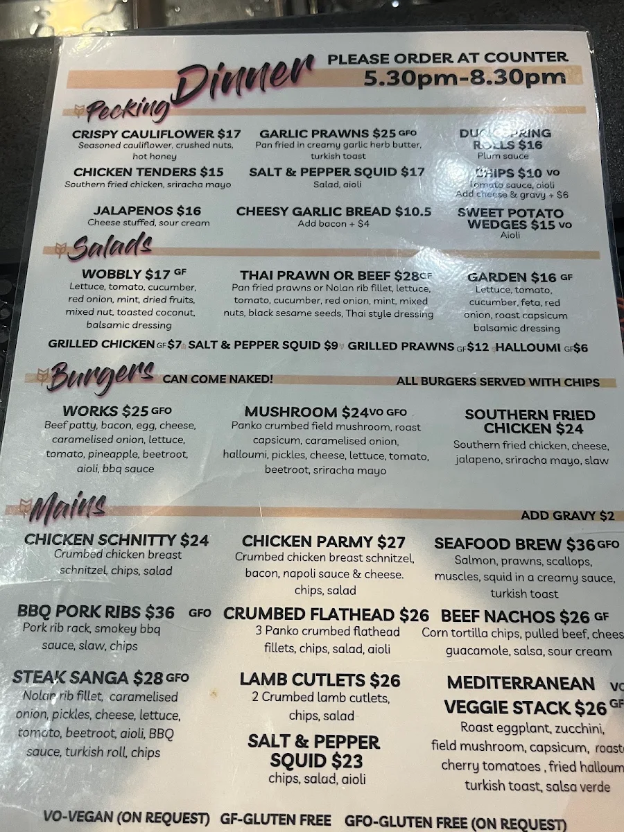 Menu, Wobbly Chook Brewing Co