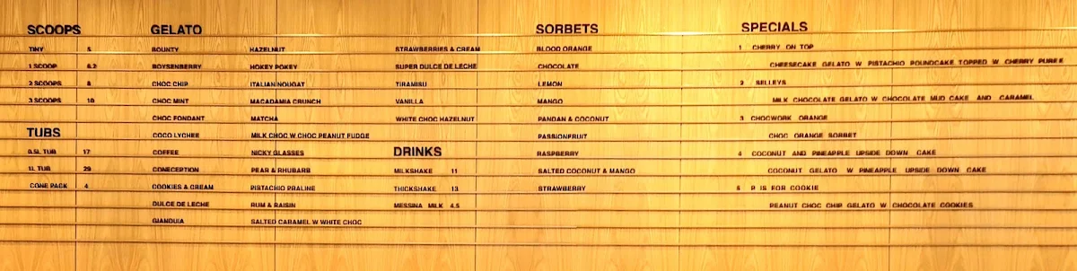 Menu, Gelato Messina Norwest