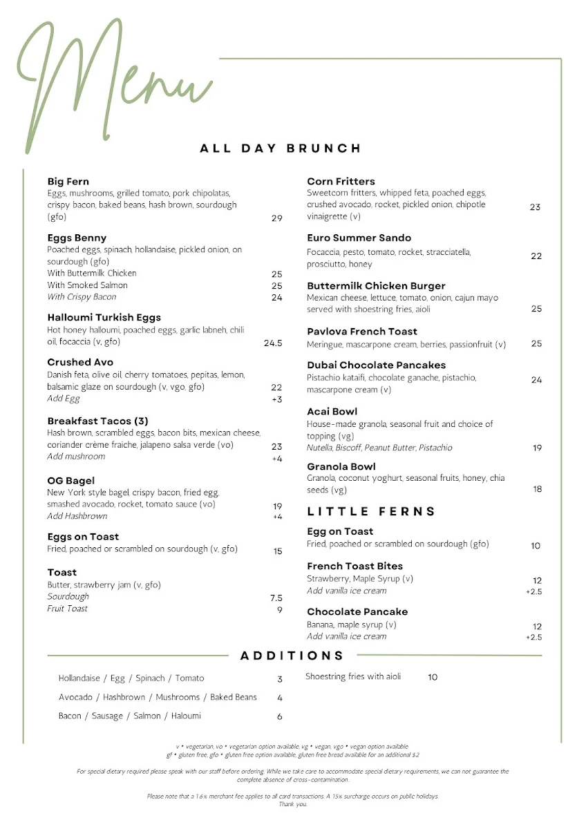 Menu, Fern Avenue Cafe