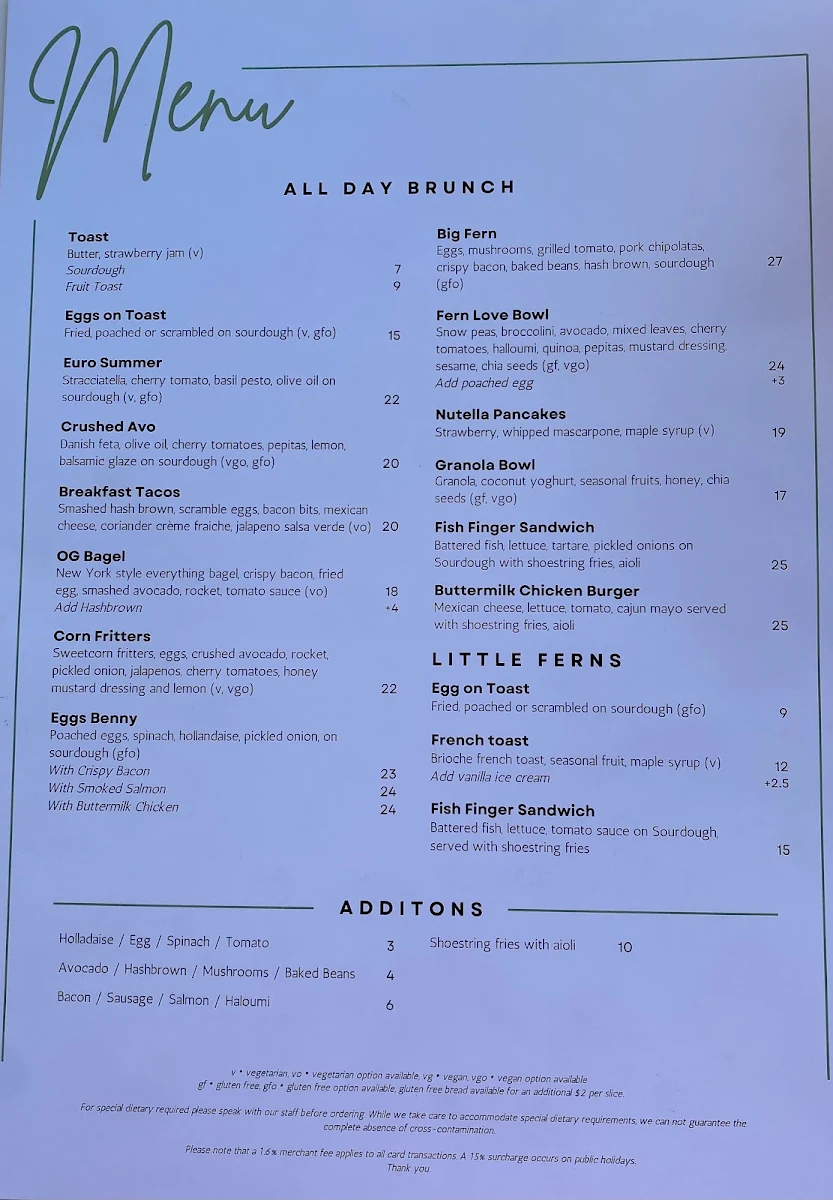 Menu, Fern Avenue Cafe