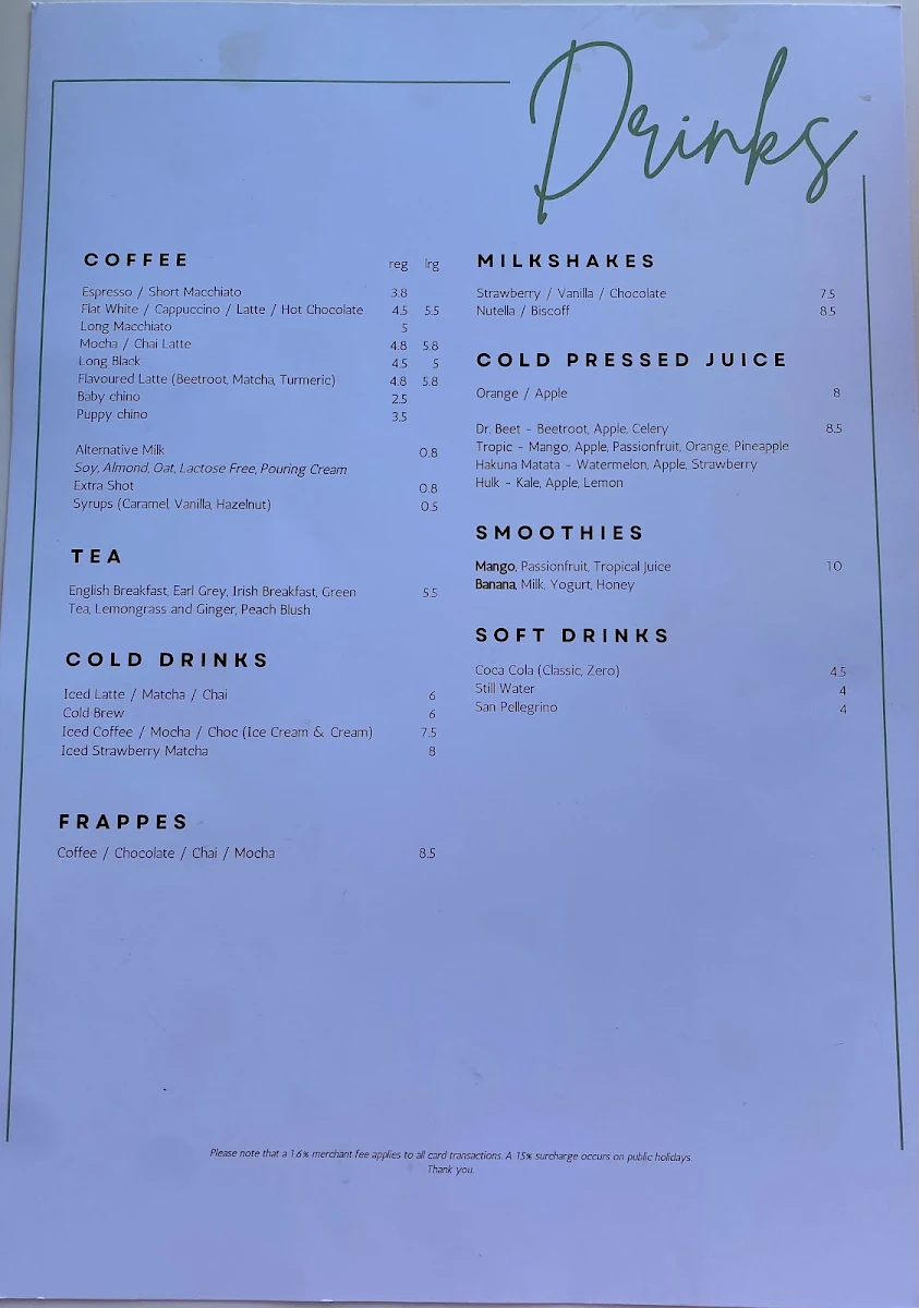 Menu, Fern Avenue Cafe