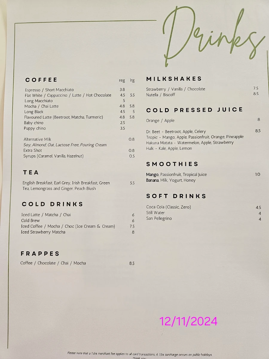 Menu, Fern Avenue Cafe