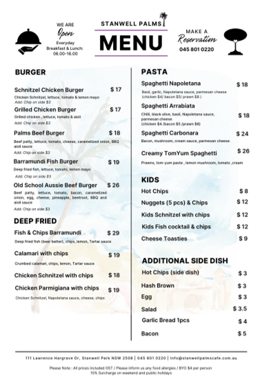 Menu, Stanwell Palms Cafe