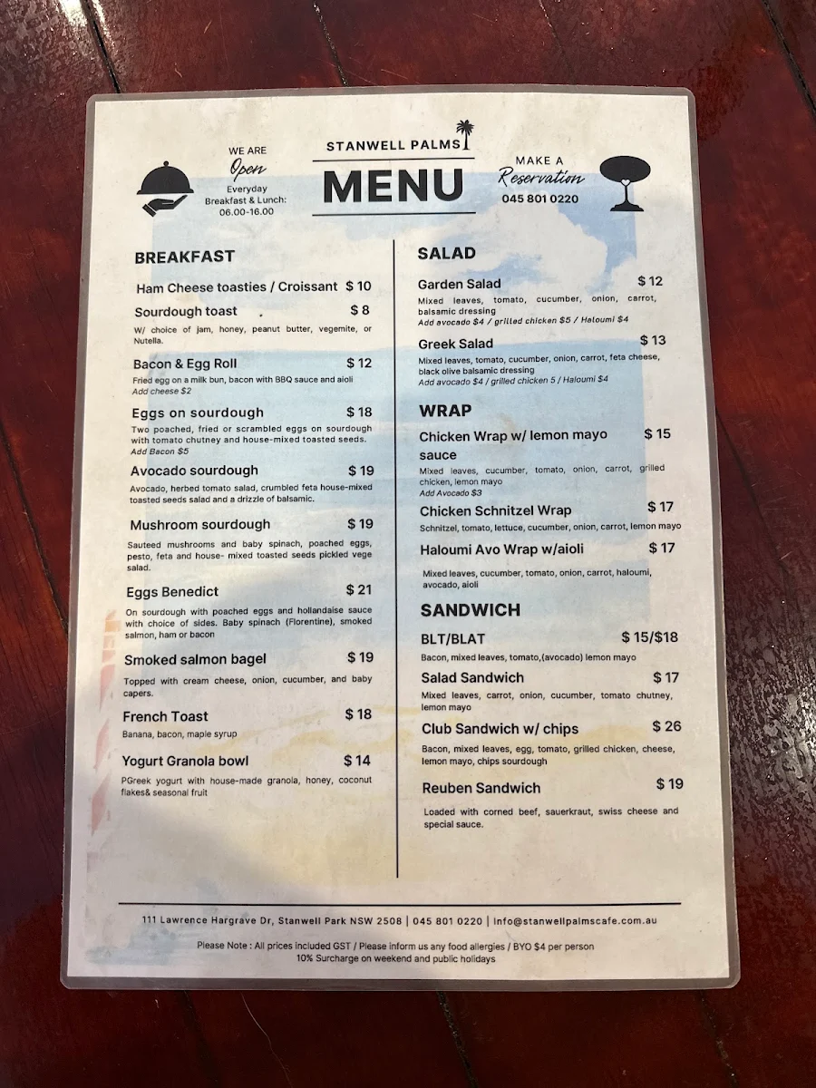 Menu, Stanwell Palms Cafe