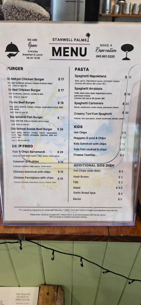 Menu, Stanwell Palms Cafe