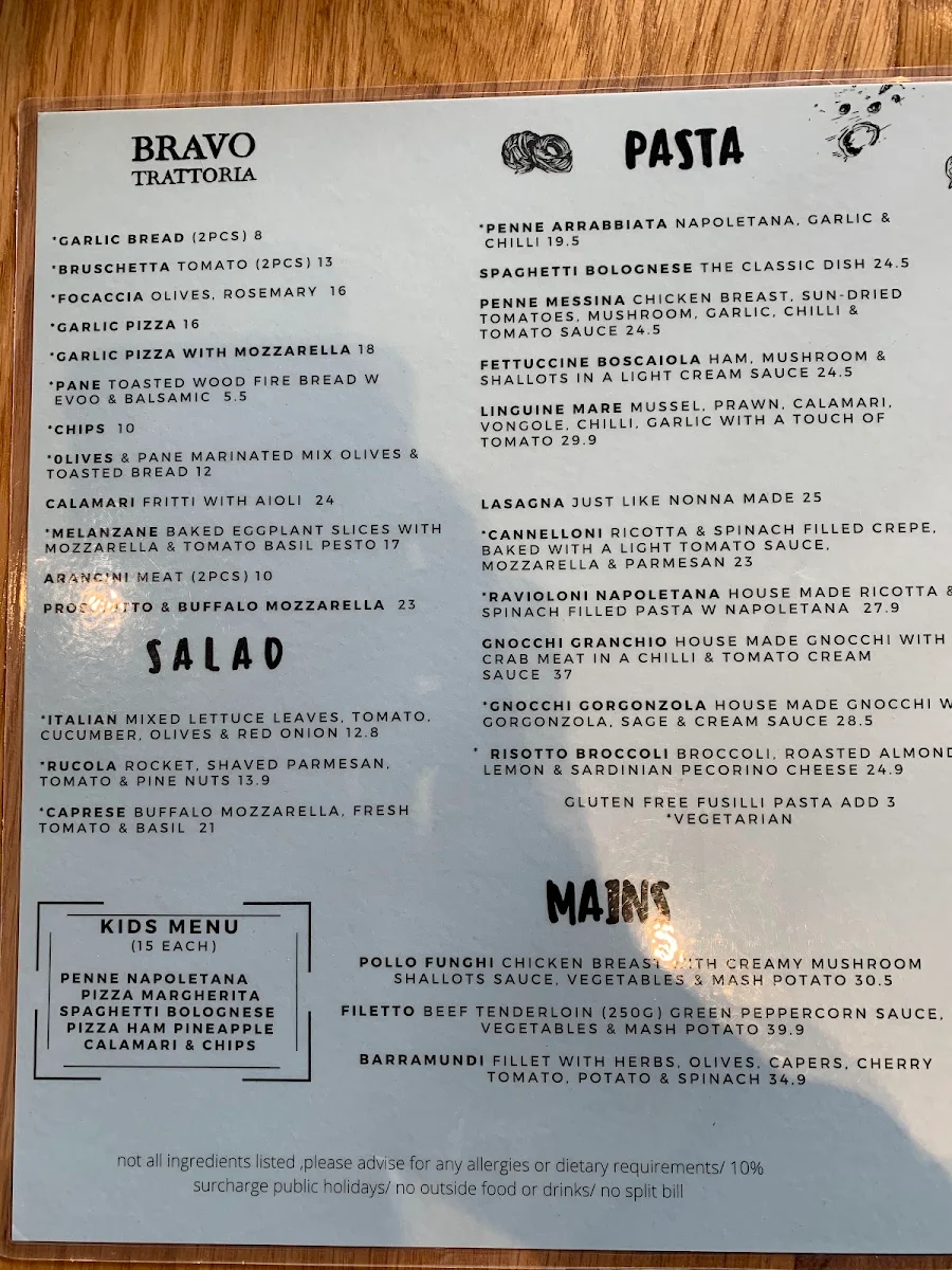 Menu, Bravo Trattoria