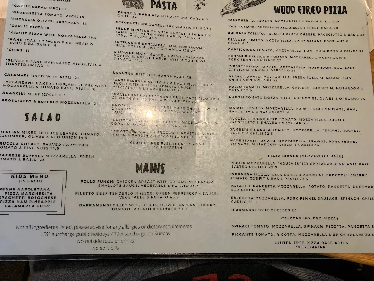 Menu, Bravo Trattoria
