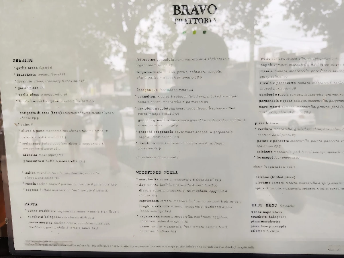 Menu, Bravo Trattoria