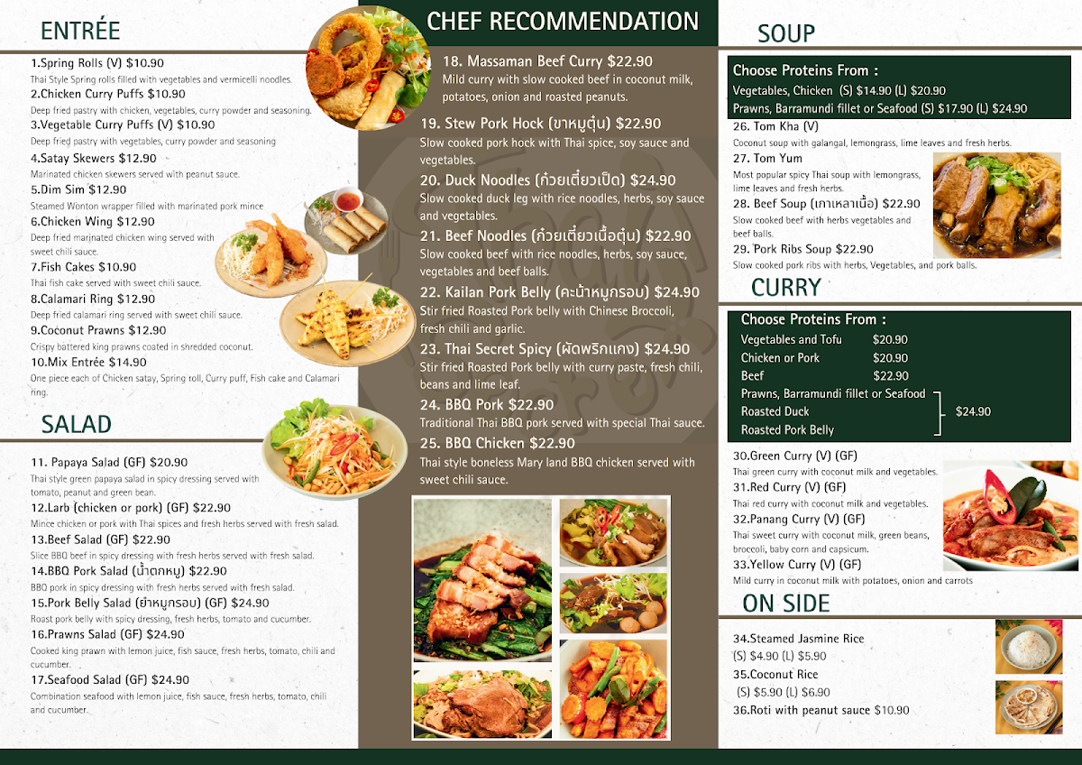 Menu, Thai Secret Restaurant