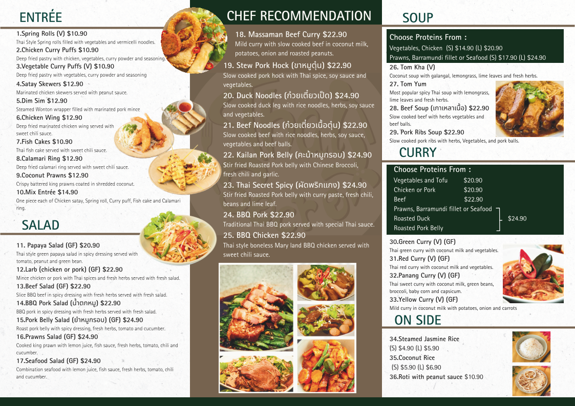 Menu, Thai Secret Restaurant