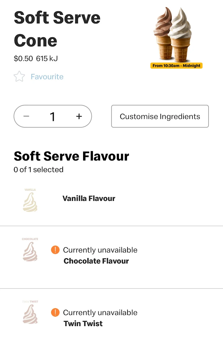 Menu, McDonald's Warrnambool Central