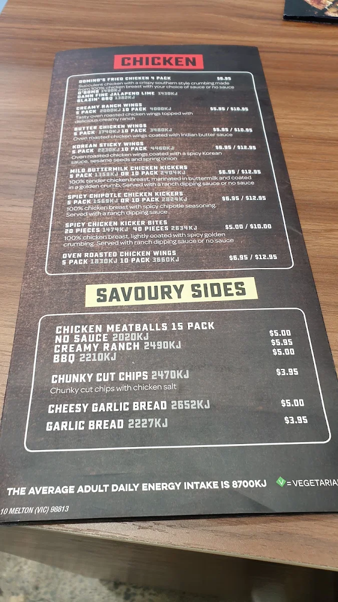 Menu, Domino's Pizza Melton