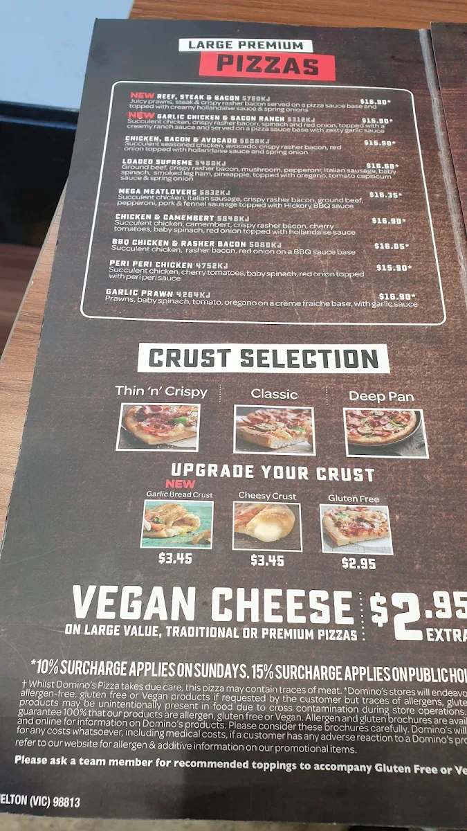 Menu, Domino's Pizza Melton