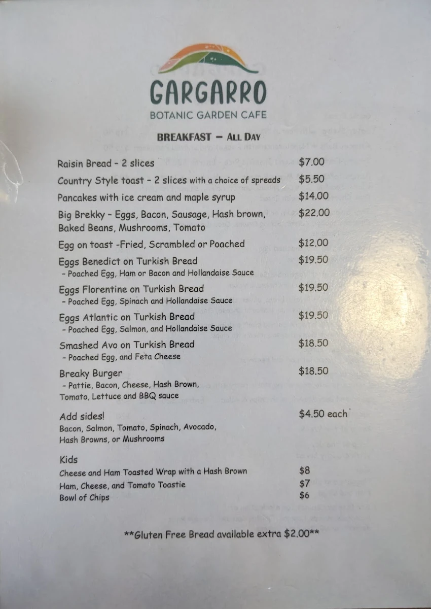 Menu, Gargarro Botanic Garden Cafe