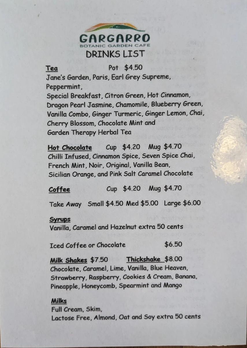Menu, Gargarro Botanic Garden Cafe