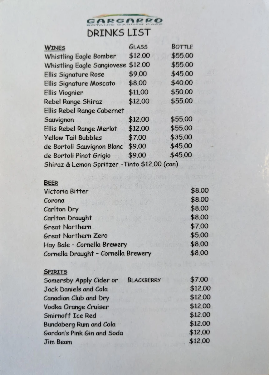 Menu, Gargarro Botanic Garden Cafe