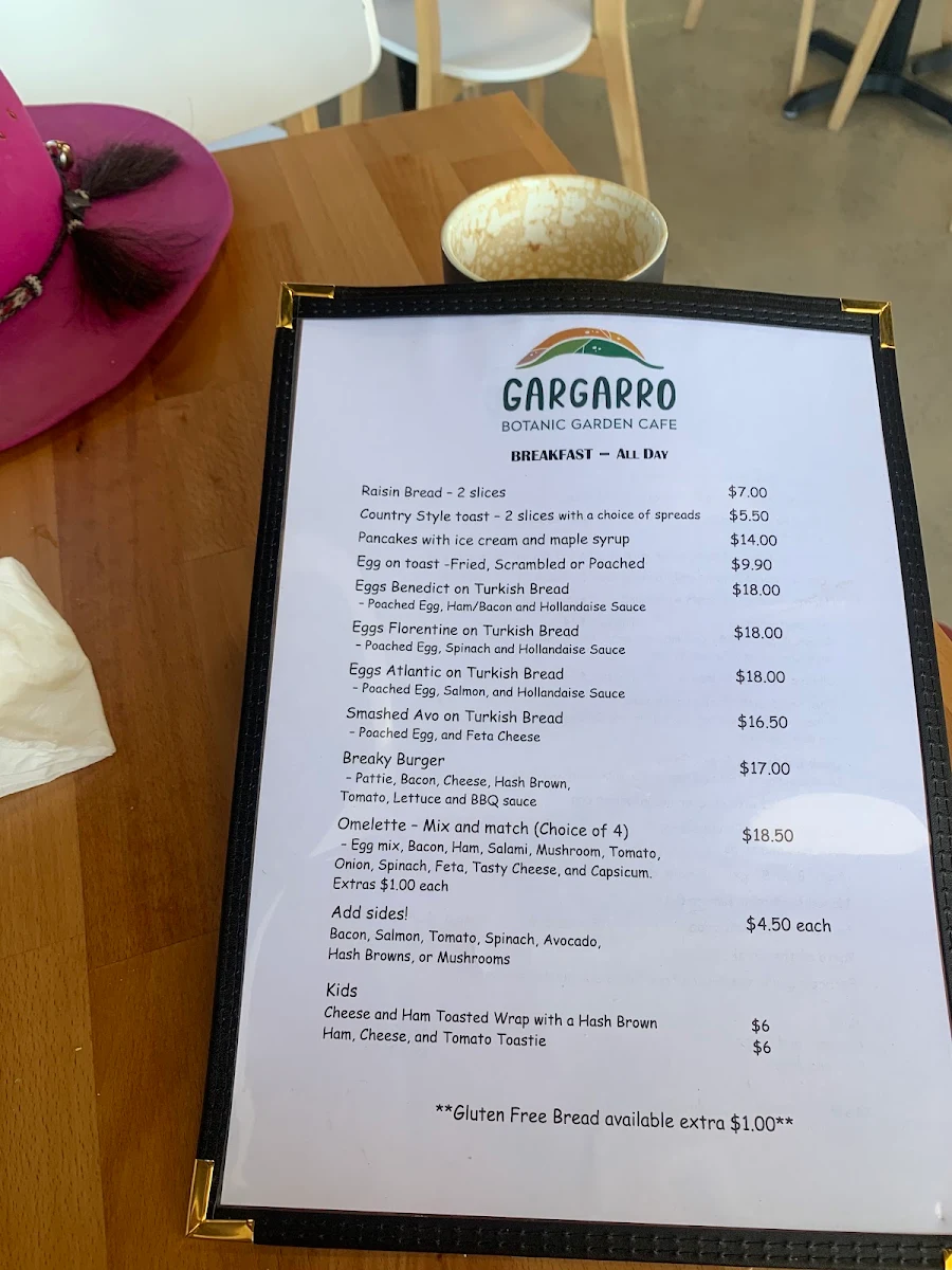 Menu, Gargarro Botanic Garden Cafe