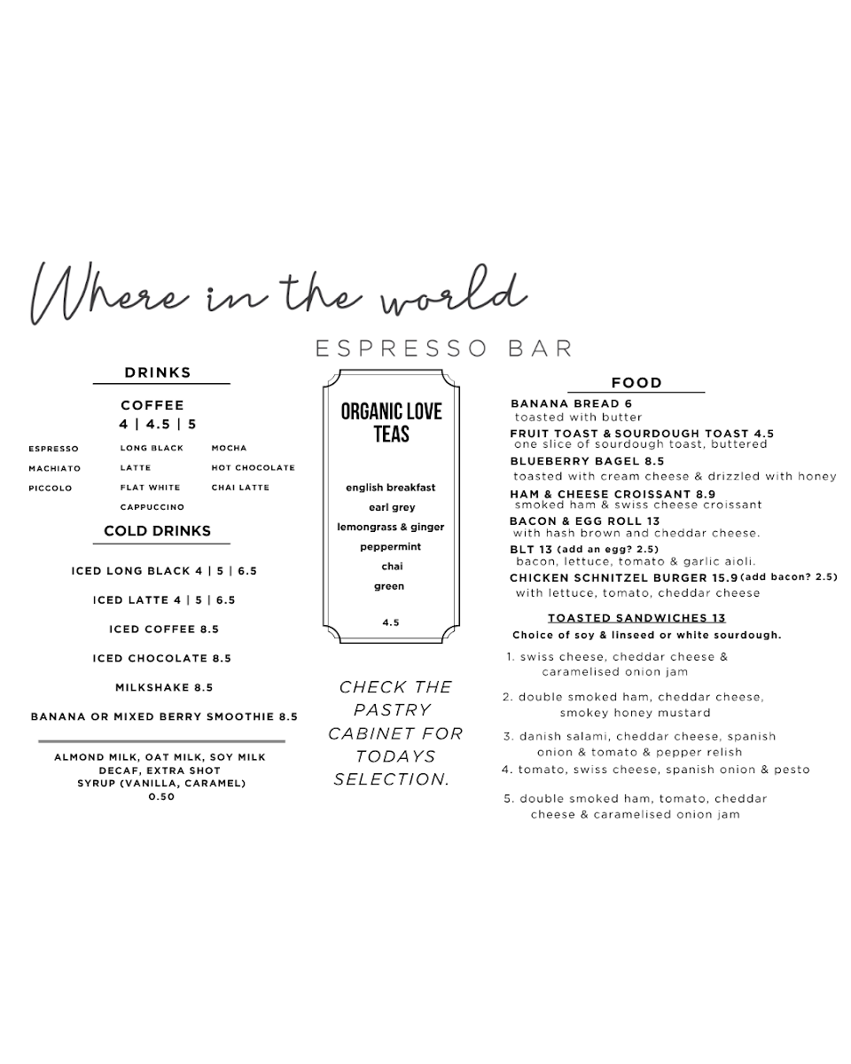 Menu, Where in the world espresso bar