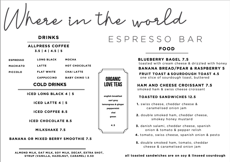 Menu, Where in the world espresso bar