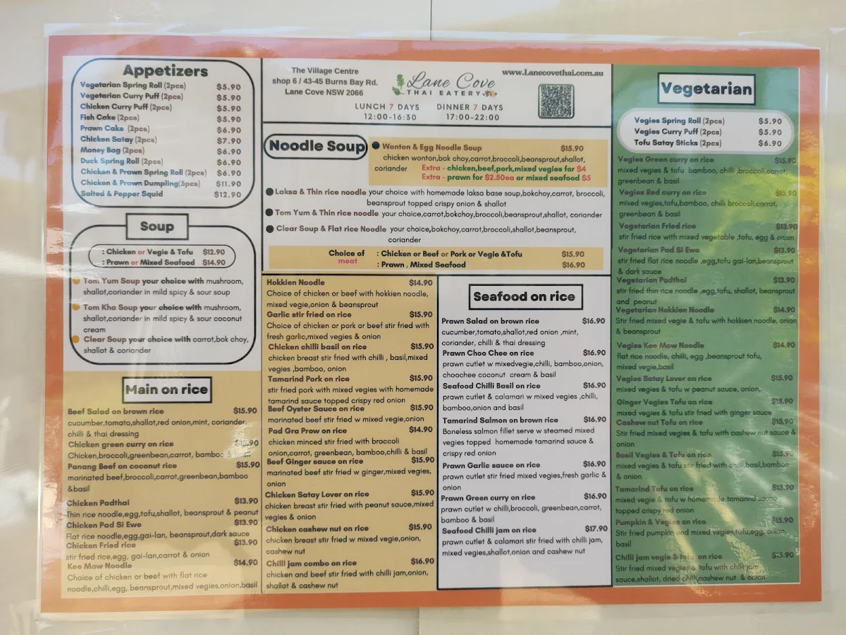 Menu, Lane Cove Thai Eatery