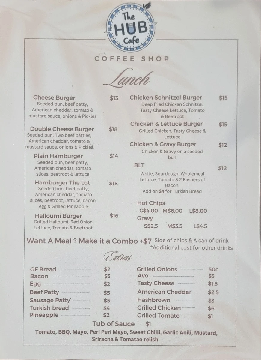 Menu, The Hub Cafe Goulburn