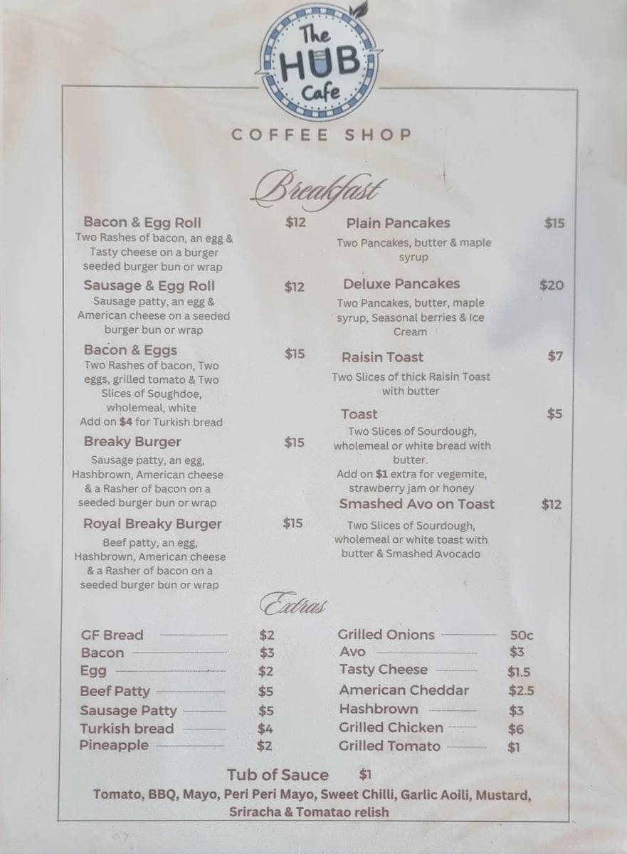 Menu, The Hub Cafe Goulburn