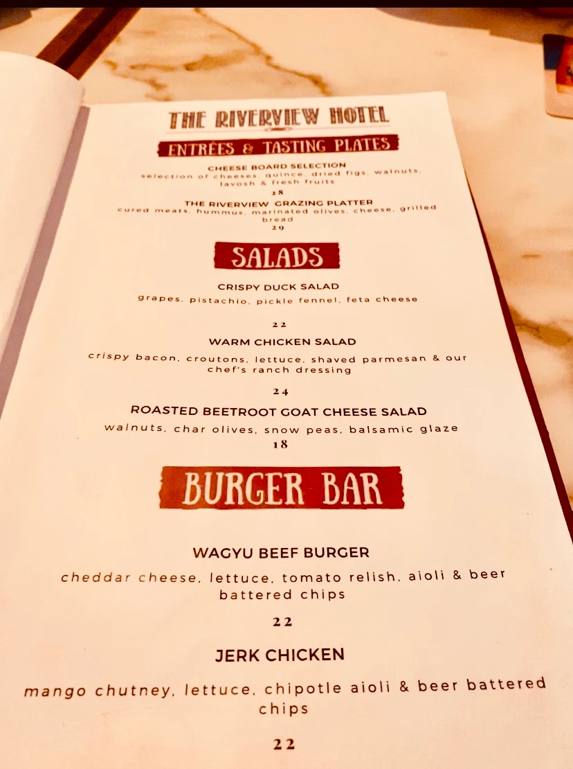 Menu, The Riverview Hotel