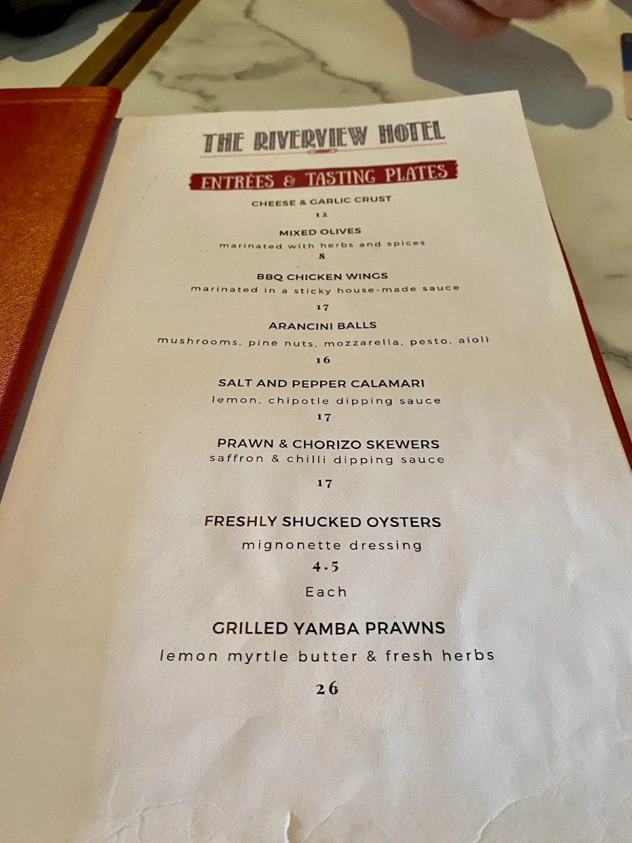 Menu, The Riverview Hotel