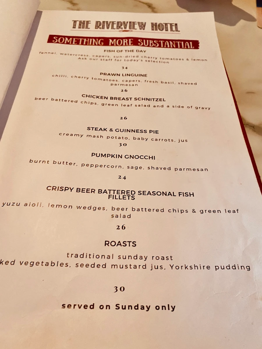 Menu, The Riverview Hotel