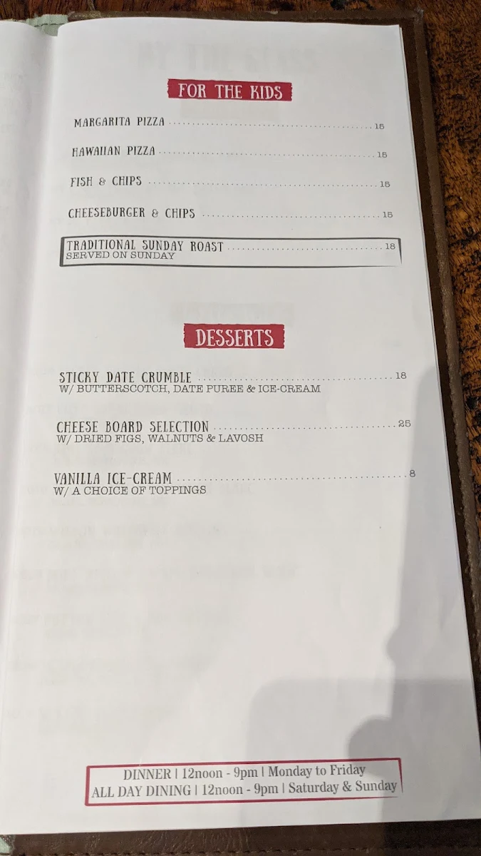 Menu, The Riverview Hotel