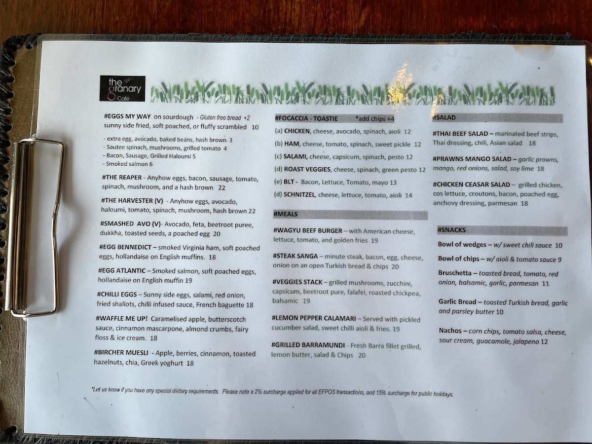 Menu, The Granary Cafe & Catering