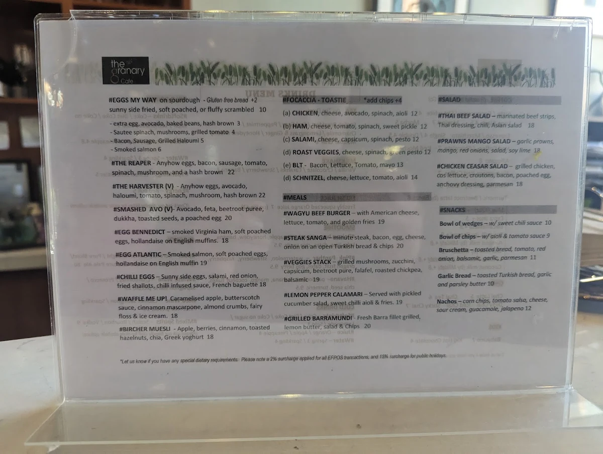 Menu, The Granary Cafe & Catering