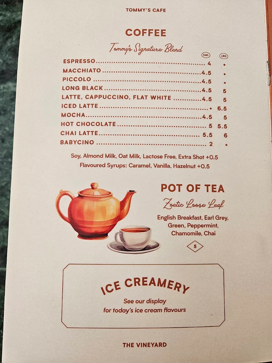 Menu, Tommy's Cafe