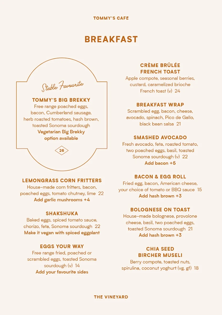 Menu, Tommy's Cafe
