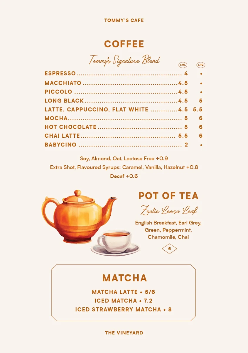 Menu, Tommy's Cafe