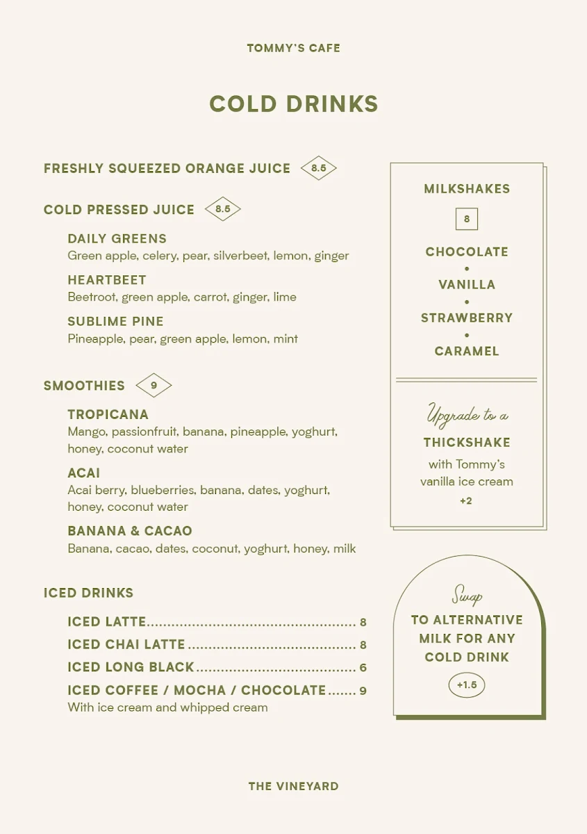 Menu, Tommy's Cafe