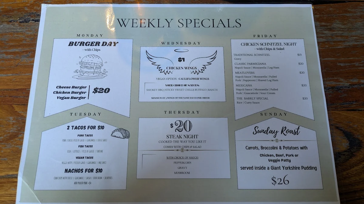Menu, Hotel Barkly