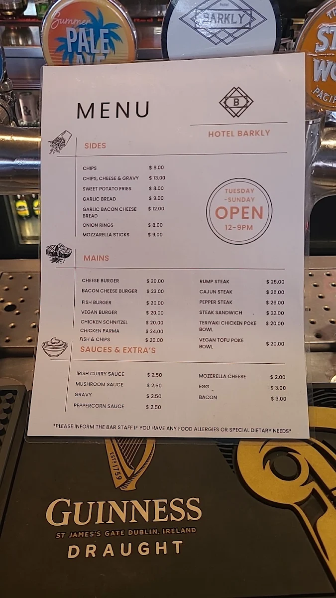 Menu, Hotel Barkly
