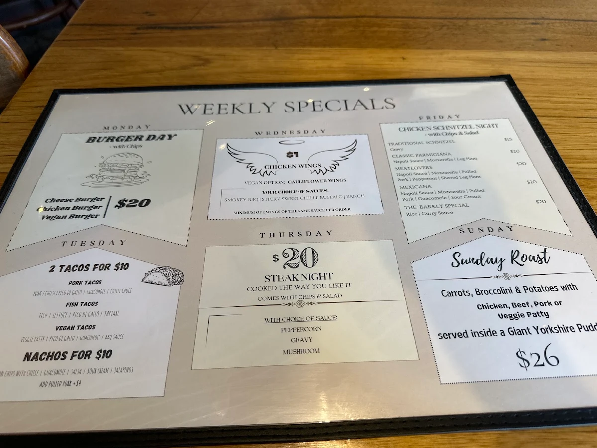 Menu, Hotel Barkly