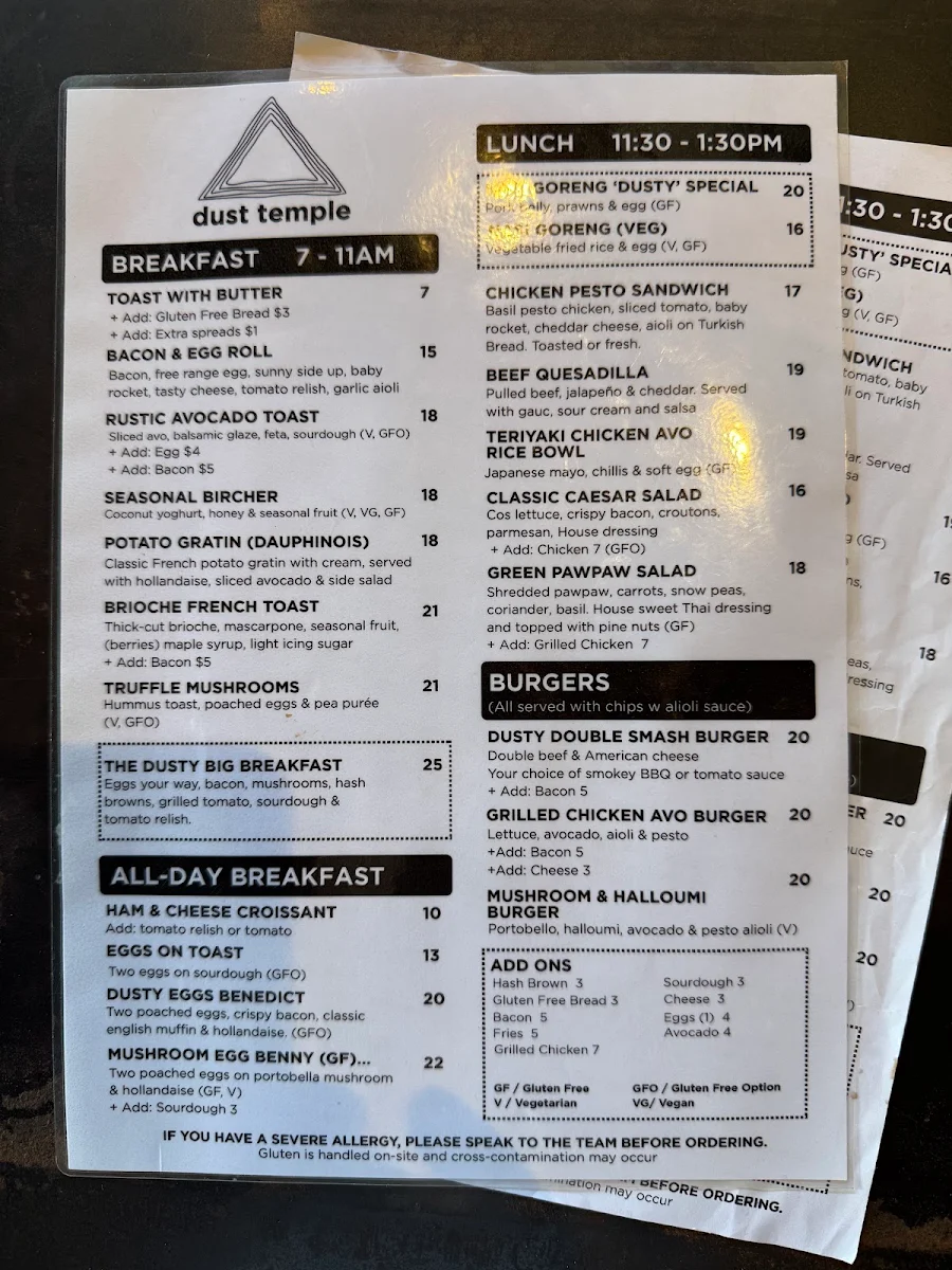 Menu, Dust Temple