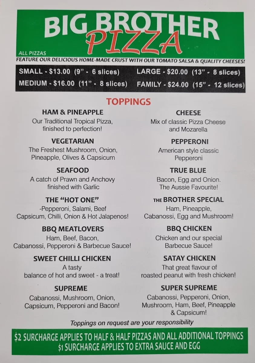 Menu, Big Brother Pizza