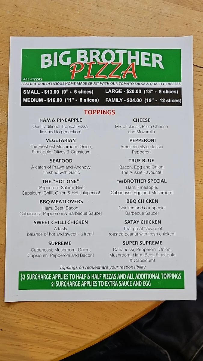Menu, Big Brother Pizza