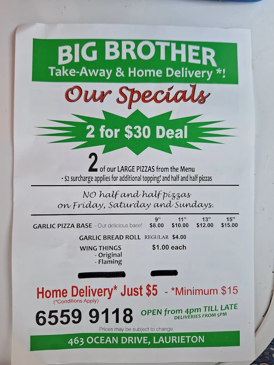 Menu, Big Brother Pizza