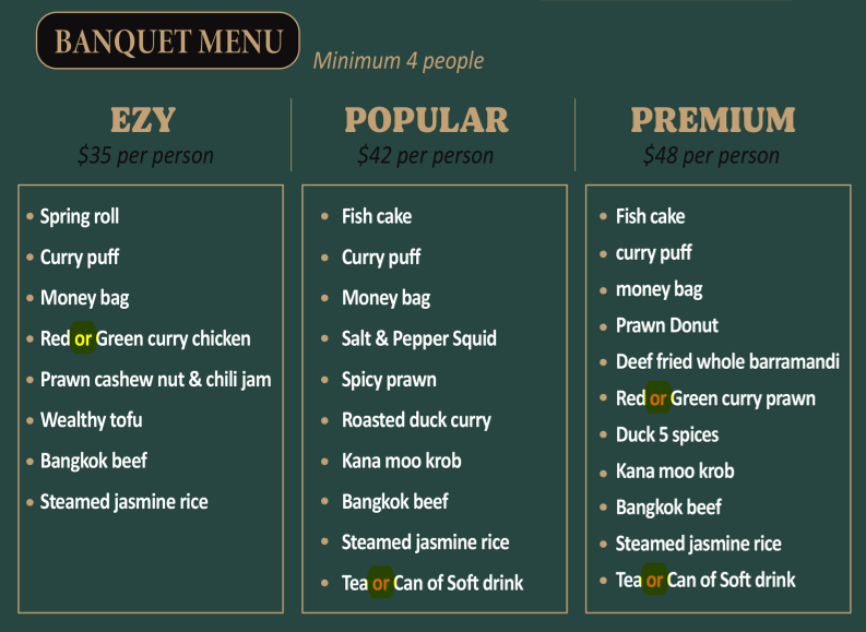 Menu, Absolute Thai, William St