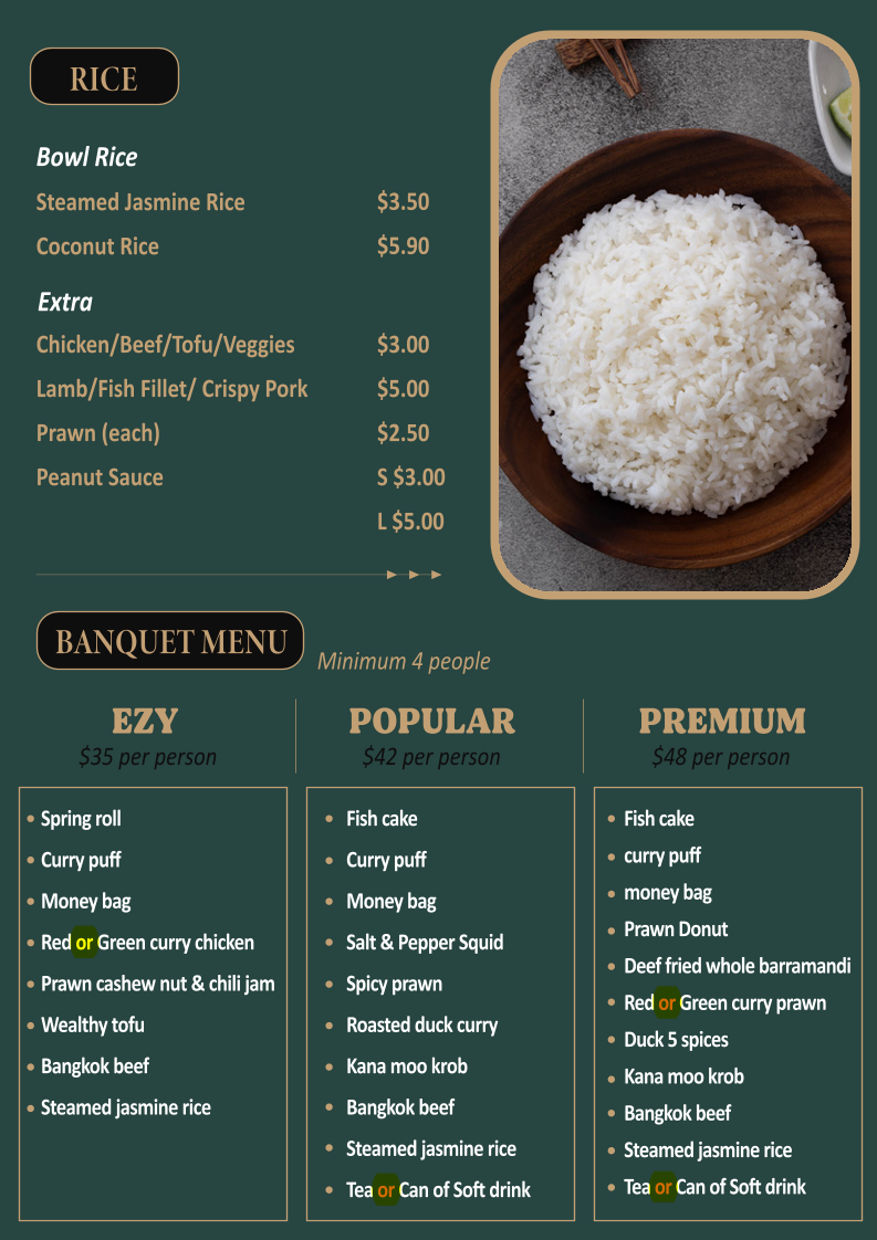 Menu, Absolute Thai, William St
