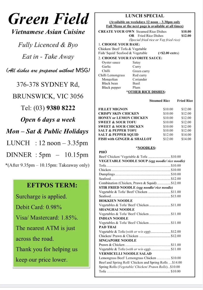 Menu, Green Field