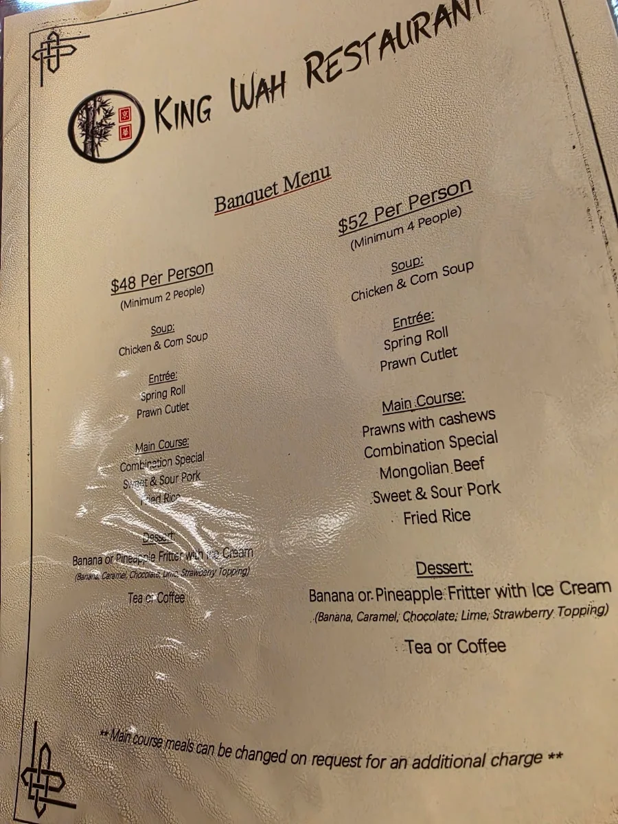Menu, King Wah Restaurant