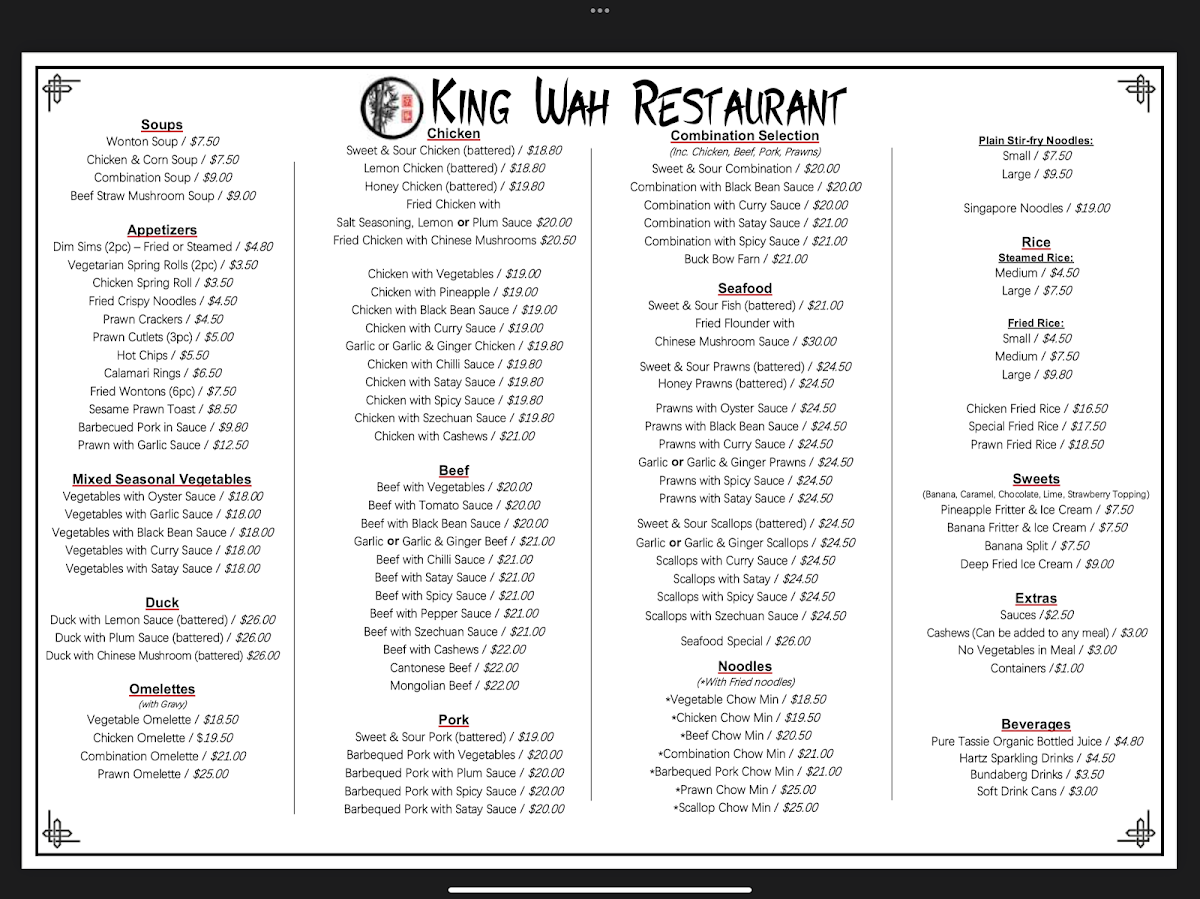 Menu, King Wah Restaurant